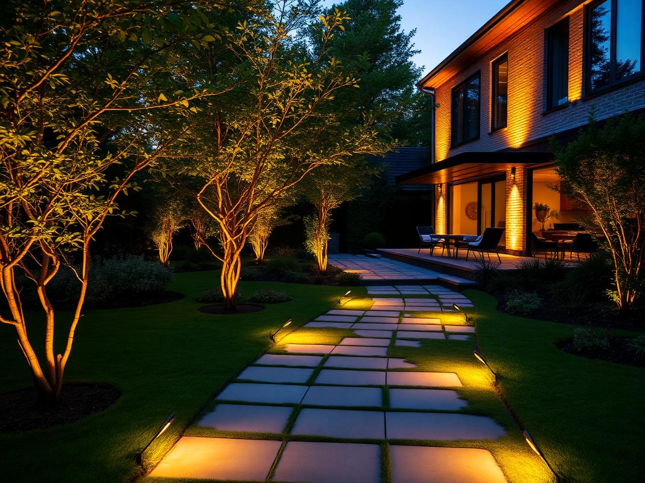 Tuin met professionele buitenverlichting geïnstalleerd door Lightwise in de regio Brugge